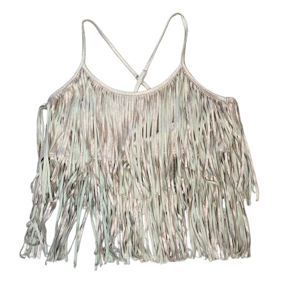 Shyanne Cropped Fringe Tank Size XL Western Cowgirl Metallic Taupe Rose Gold - Picture 2 of 8